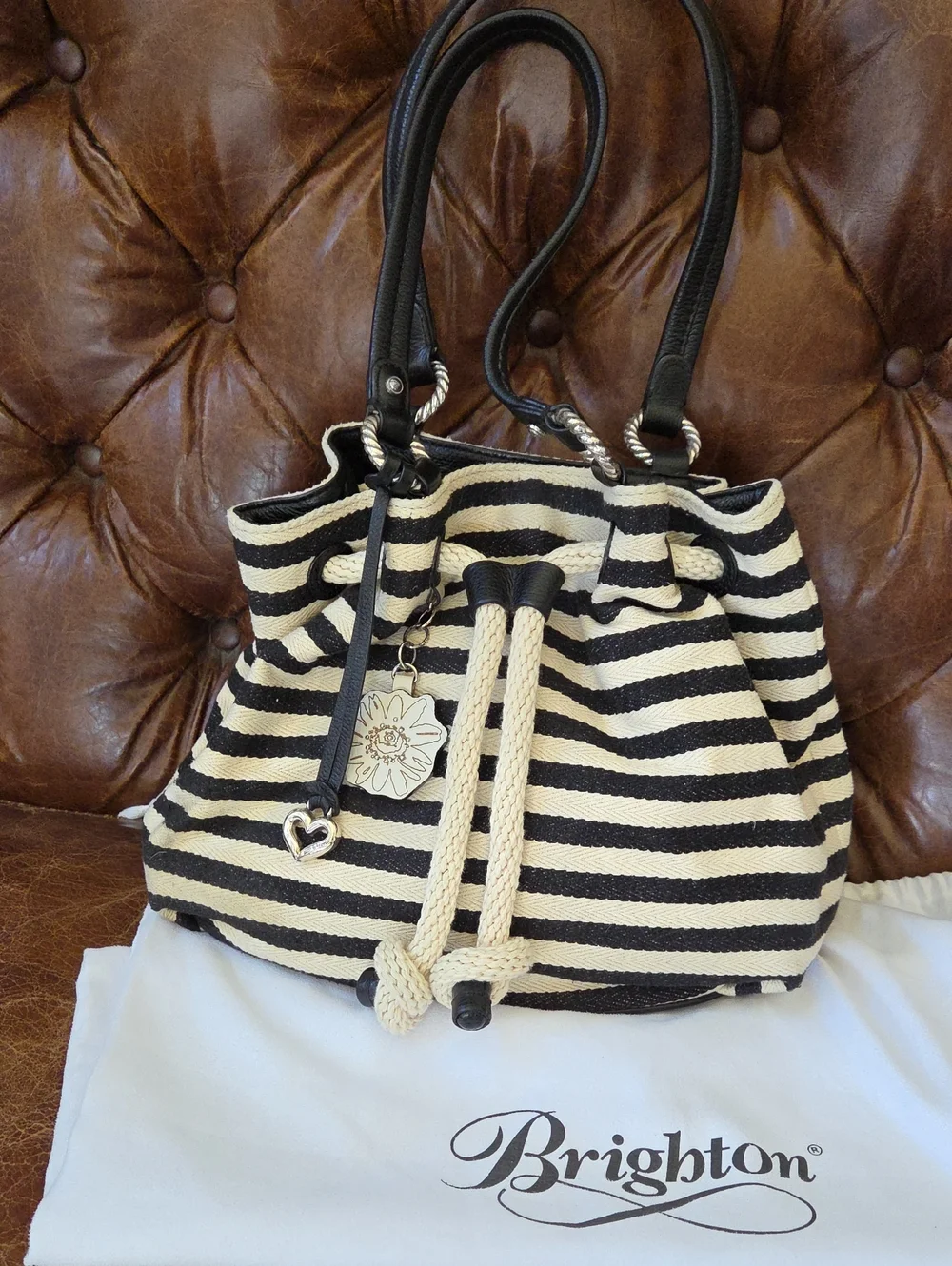 Brighton Black and Cream Striped Drawstring Shoulder Bag with Charm